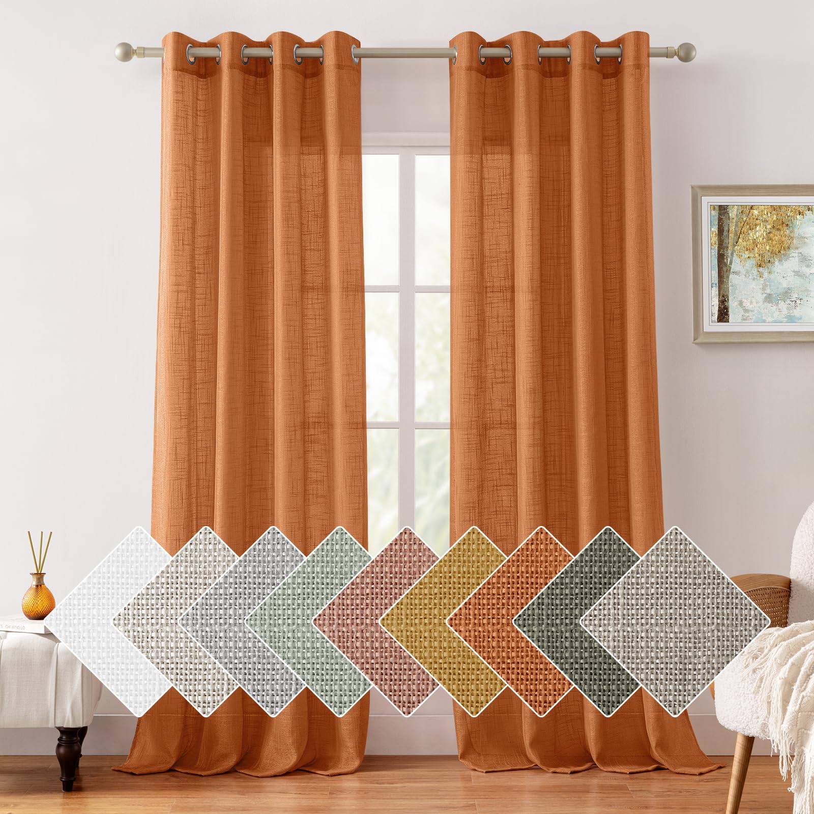 Homeideas Orange Linen Sheer Curtains 84 Inches Long 2 Panels Textured Semi Sheer Curtains Farmhouse Curtains Sheer Privacy Wind